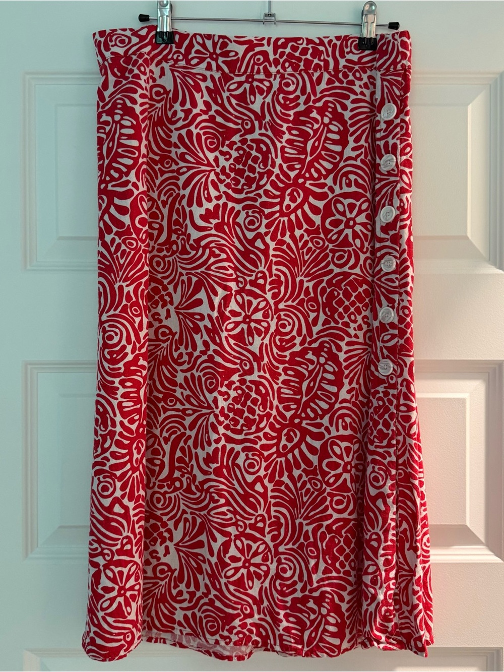 LOFT Red and White Midi Skirt with Side Buttons